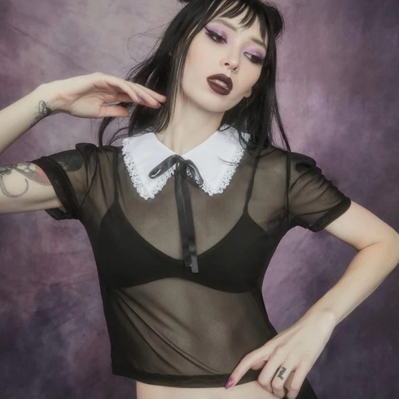 Dollskill Widow Terror After Tea Time Collared Mesh Crop Top Black and White NWT - Picture 1 of 8